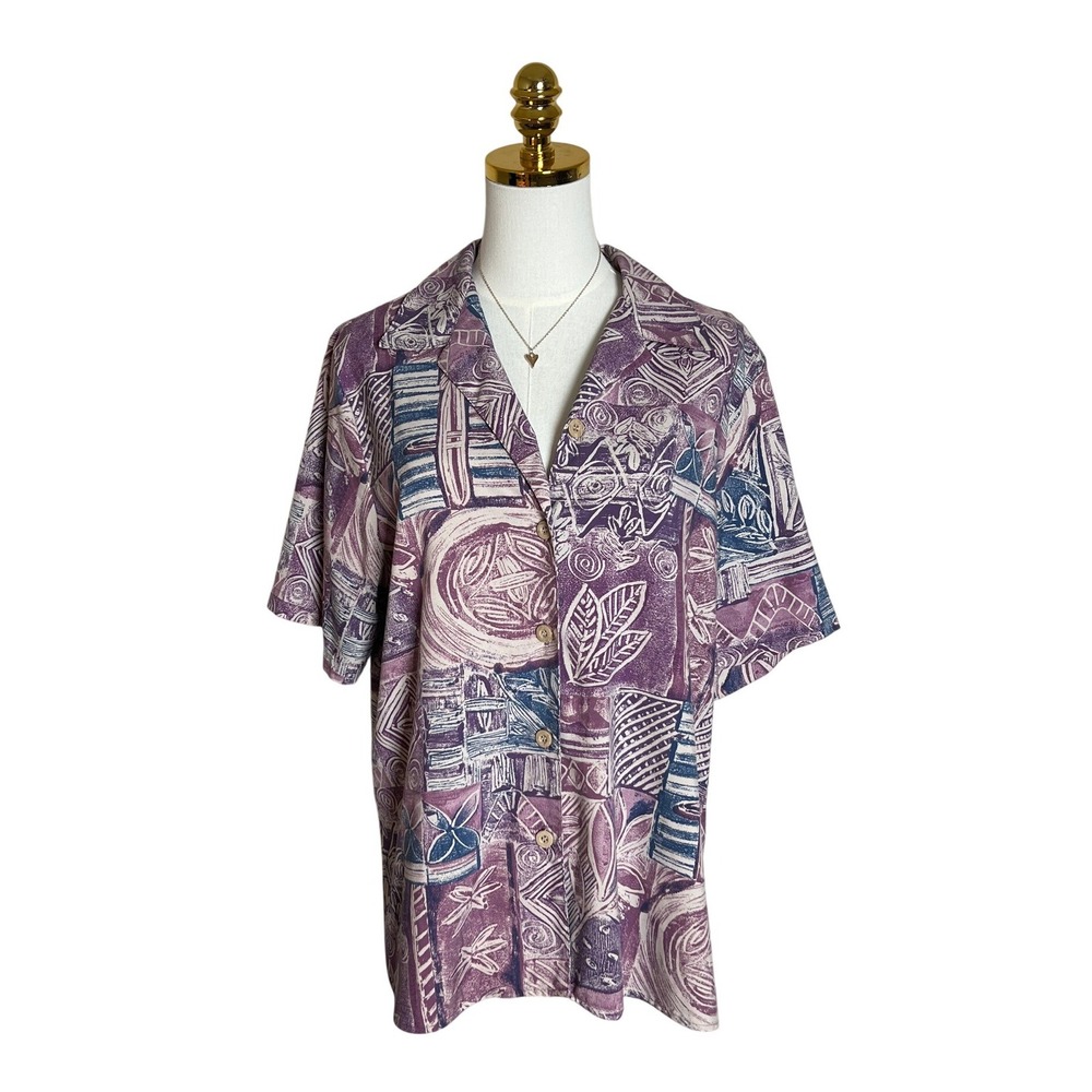 Southern Lady Vintage Purple Abstract Print Button Front Blouse Short Sleeve 14